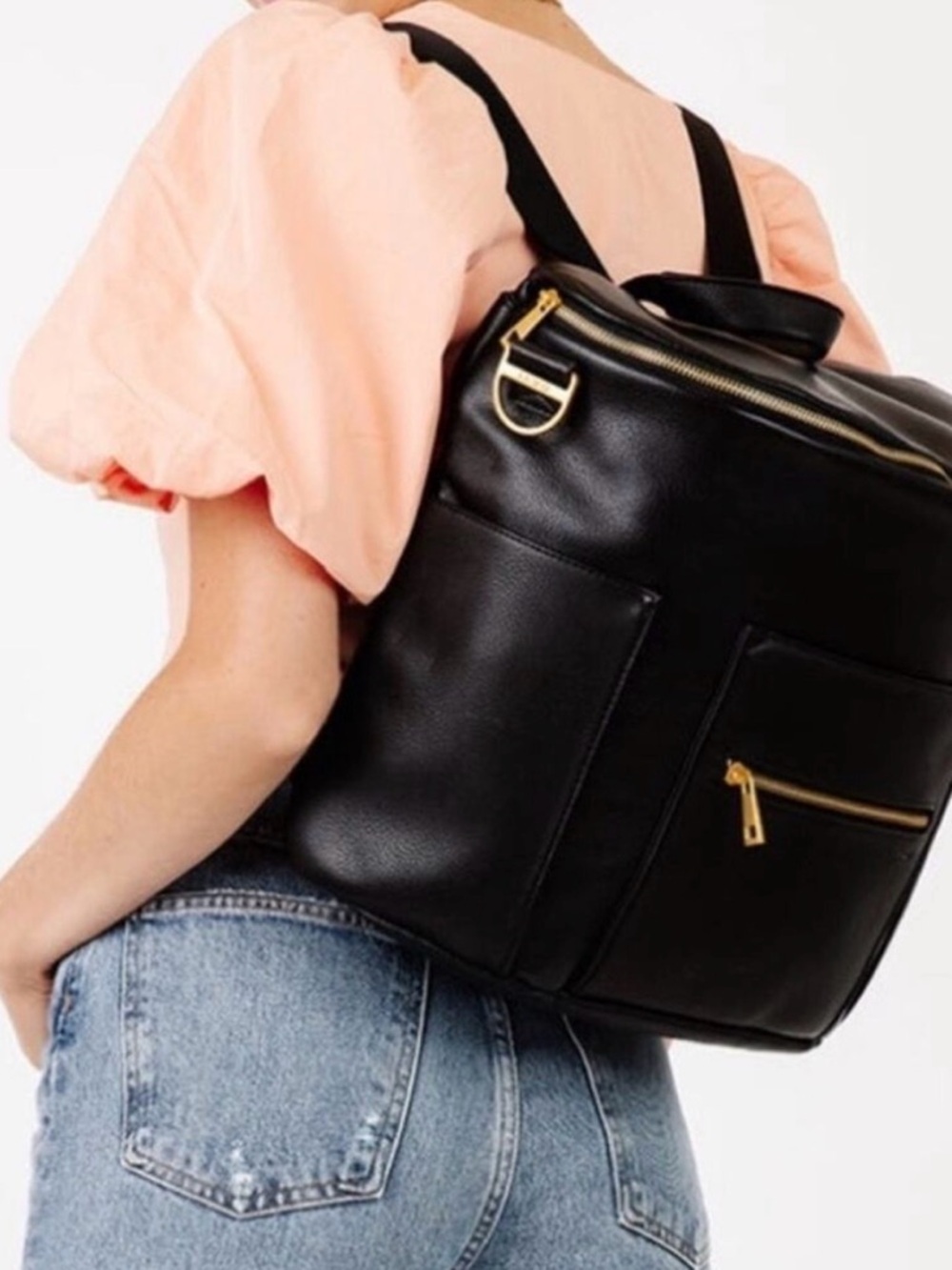 Fawn Design Black Leather Baby Bag with Gold Hardware